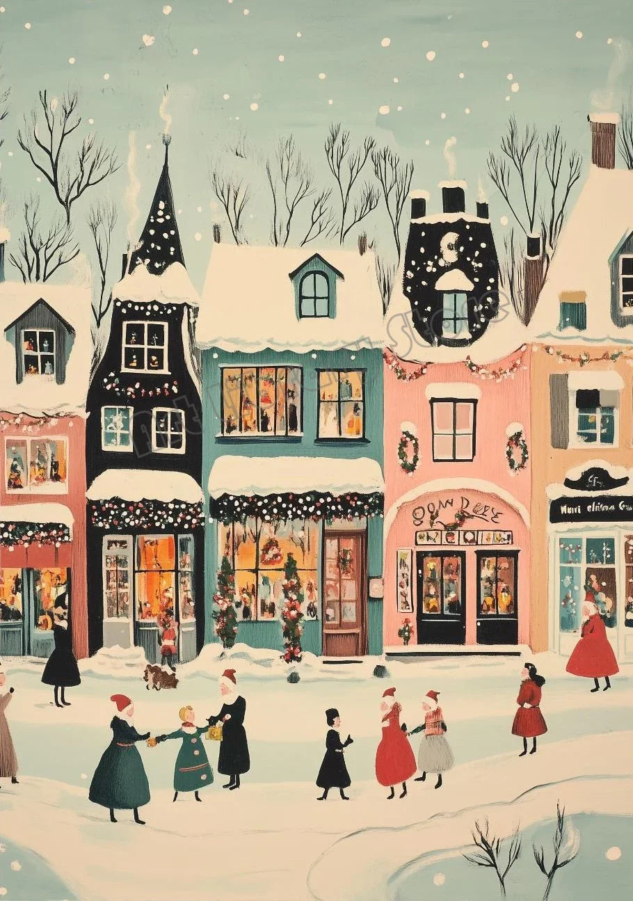 Snowy Christmas Village Canvas Wall Art | Unframed Holiday Print
