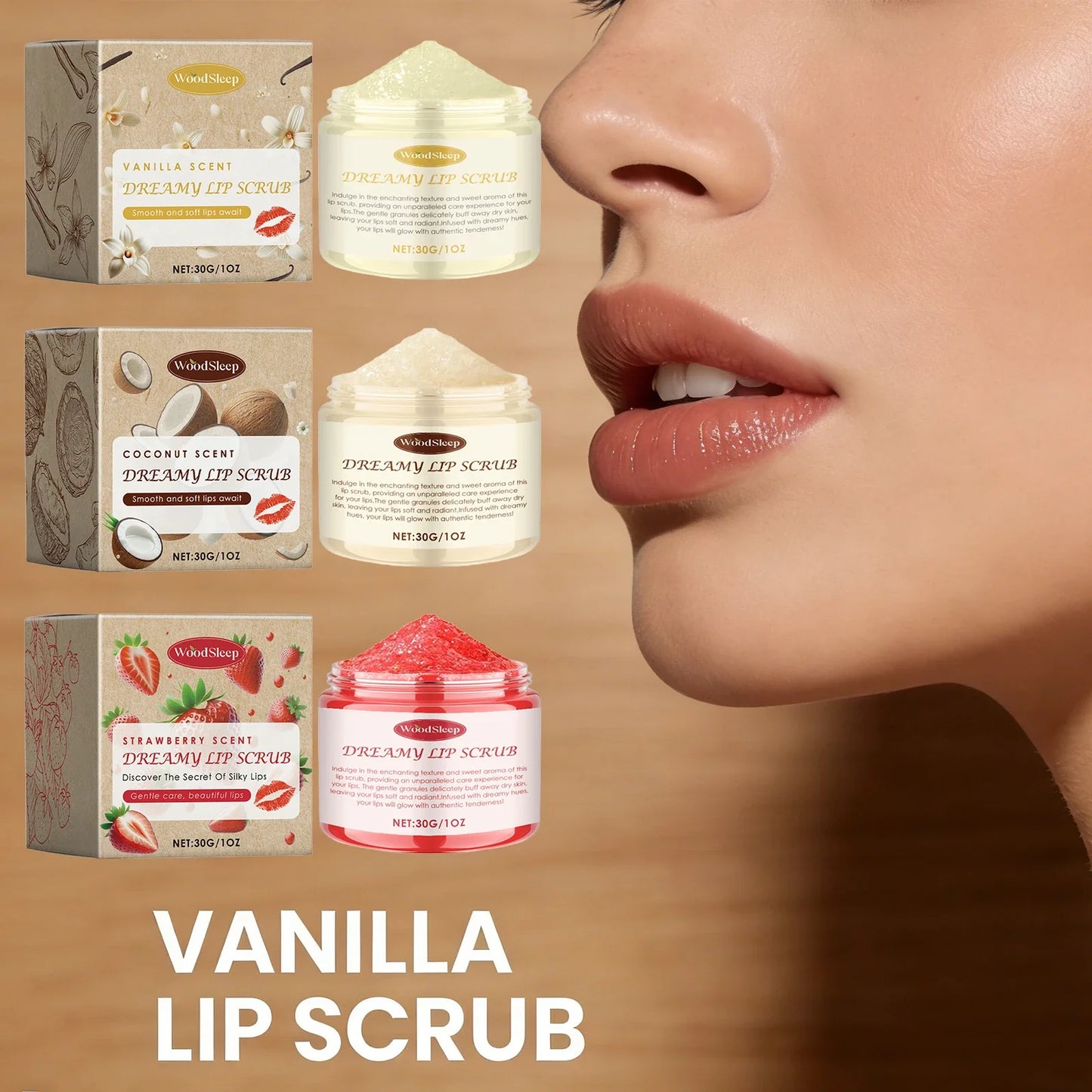 WOODSLEEP Coconut Vanilla Lip Scrub – Exfoliate & Moisturize