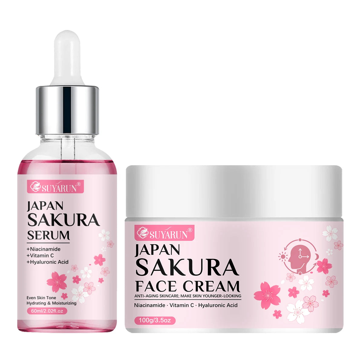 SUYARUN Cherry Blossom Skincare Set - Moisturizing Cream & Serum, Gentle Fragrant Formula, Perfect Travel Gift. Peaceful Pleasures Health and Wellness 100g-60ml