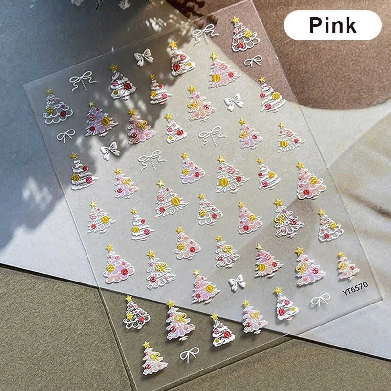 Christmas Tree Nail Stickers Embossed Self-Adhesive Nail Art Decals for Manicure Festive Charm Nail Ornaments for Party Peaceful Pleasures Health and Wellness Pink