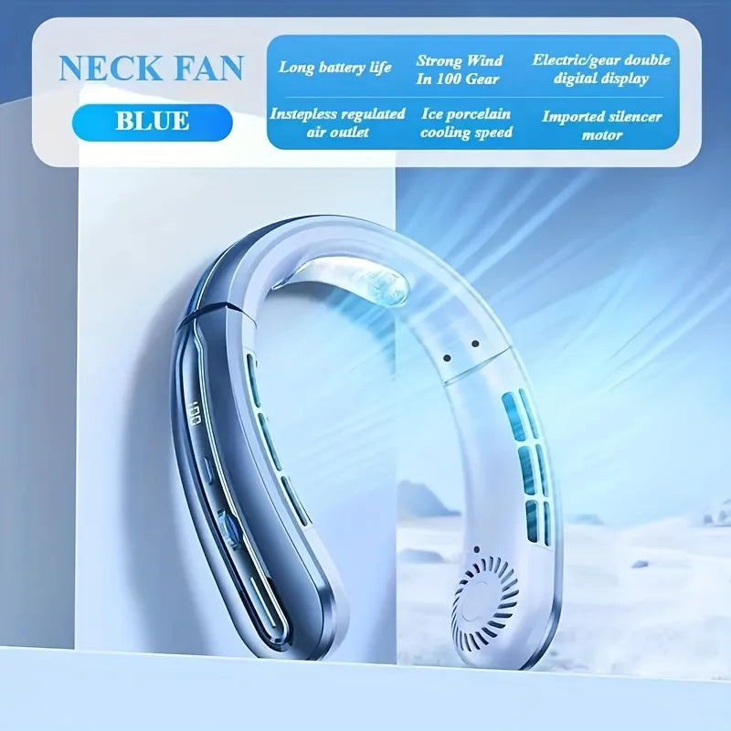 New 100 Level Digital Neck Hanging Fan For Students' Outdoor Sports, Portable Usb Mini Neck Hanging Fan Peaceful Pleasures Health and Wellness Blue-100 levels