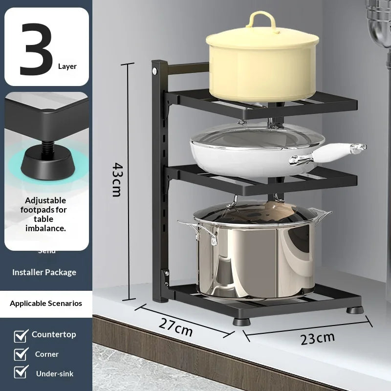 Adjustable Thickened Multi Layer Pot Pan Lid Storage Rack Under Sink Corner Cabinet Space Saving Organizer for Home Kitchen Peaceful Pleasures Health and Wellness 3 Layers