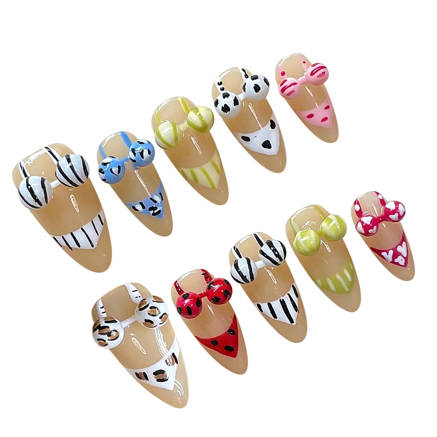 Handmade Press on Nails with 3D Bikini Design Summer Beach Style False Nails for Women Wearable Reusable Funny Almond Fake Nails Peaceful Pleasures Health and Wellness XS