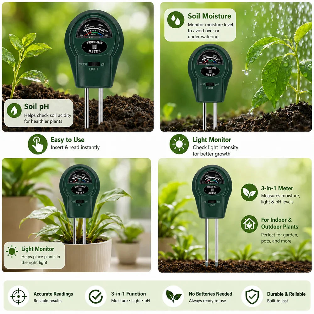3-in-1 Soil Tester – pH, Moisture & Light Meter for Plants
