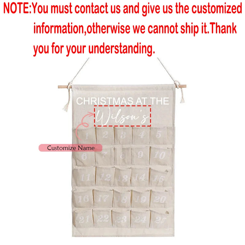 Personalised Christmas Advent Calendar Canvas Wall Hanging | 24 Pockets Advent Calendar Decor Peaceful Pleasures Health and Wellness custom name 40x59cm