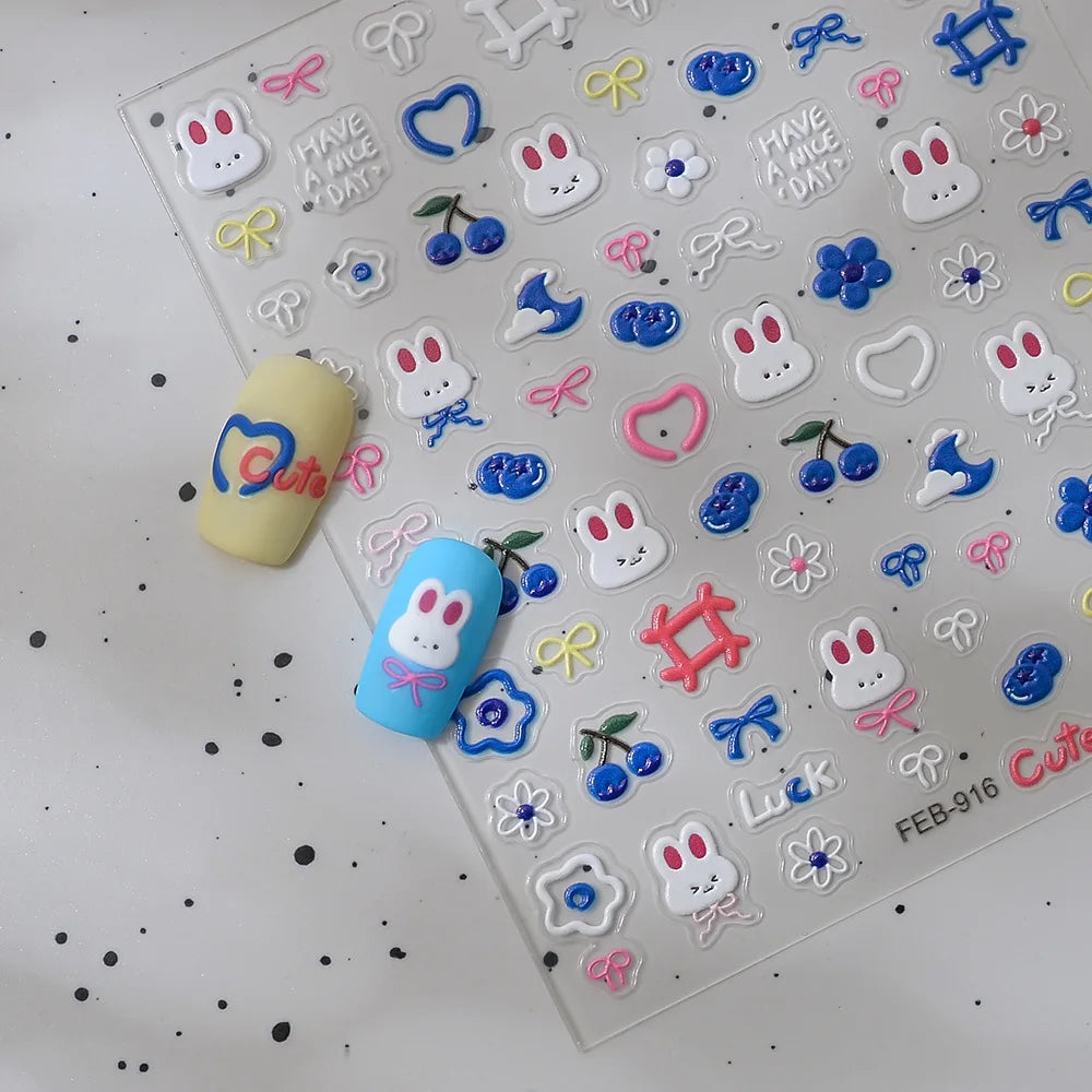Blueberry Floral Nail Stickers | Blue White Bow Manicure Decals