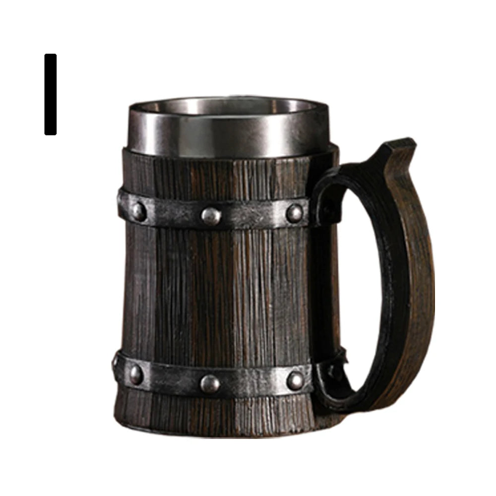 Wooden Barrel Beer Cup Stainless Steel Coffee Mug Viking Style Vintage Beer Mug Double Wall Drinking Cup Halloween Bar Drinkware Peaceful Pleasures Health and Wellness I 600ml