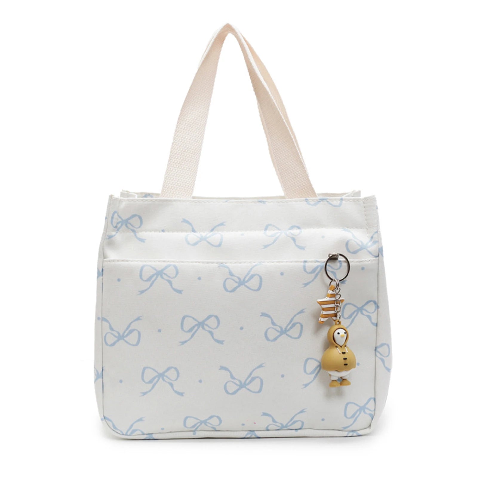 Canvas Lunch Bag With Bow Pattern Pendant Lightweight Bento Tote For Women For Office Commute Travel Picnic Food Storage Peaceful Pleasures Health and Wellness Blue