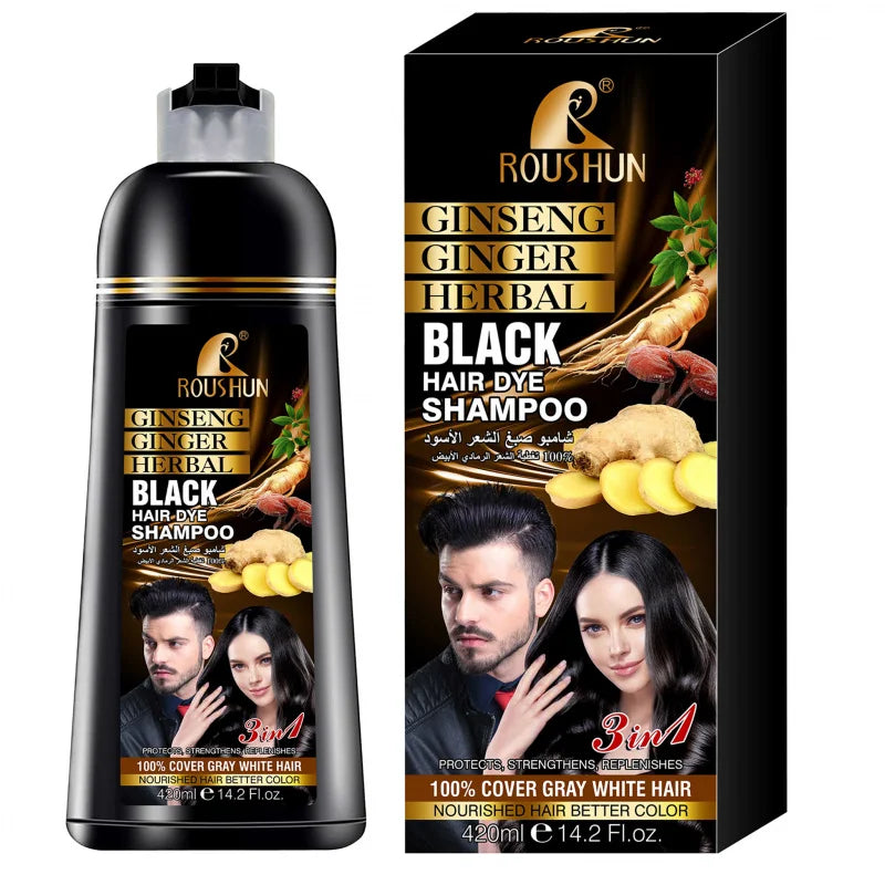 420ml ROUSHUN Black Hair Shampoo Hair Dye Ginseng Ginger Black Hair Colorant Nourishing Hair Care Cleanser 3-in-1 Peaceful Pleasures Health and Wellness