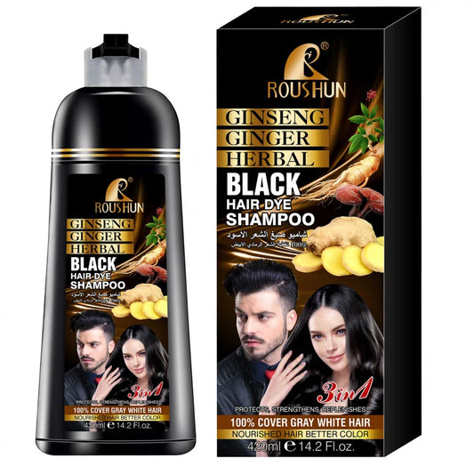 420ml ROUSHUN Black Hair Shampoo Hair Dye Ginseng Ginger Black Hair Colorant Nourishing Hair Care Cleanser 3-in-1 Peaceful Pleasures Health and Wellness