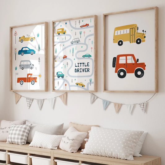 Cartoon Trucks & Cars Canvas Wall Art | Kids Room Decor Canvas Wall Art Print Peaceful Pleasures Health and Wellness