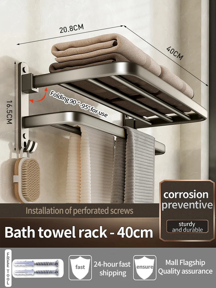 Folding Aluminum Towel Rack with Hook | 50CM & 60CM Grey/Black