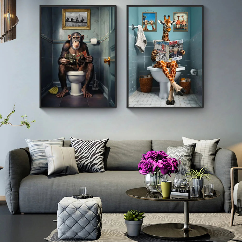 Funny Monkey & Giraffe Toilet Canvas Wall Art | Animal Print