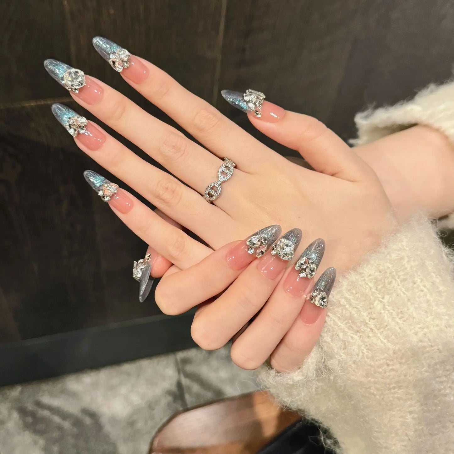 Handmade Press on Nails Shiny Blue Cat Eye French False Nail Tips Wearable Glitter Wedding Nail Art Long Oval Head Fake Nails Peaceful Pleasures Health and Wellness