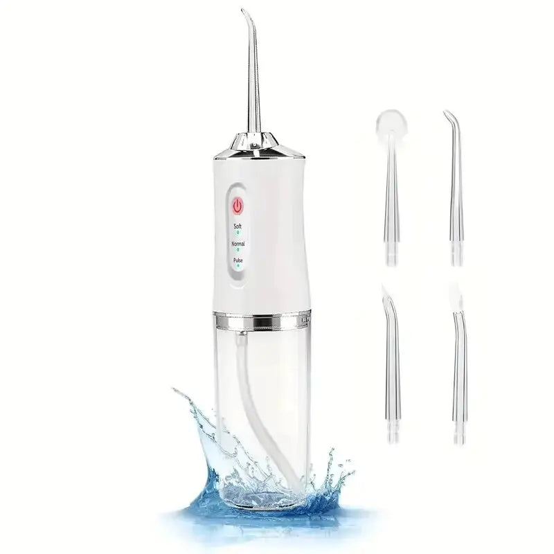 Portable Smart Electric Oral Irrigator Water Flosser with 4 Jets 3 Modes Rechargeable Dental Teeth Cleaner Travel and Daily Use Peaceful Pleasures Health and Wellness White