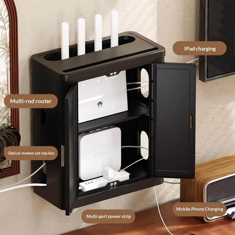 Retro Mid Century Modern WiFi Router Storage Box with Cable Management and Power Strip Holder for Living Room Office Desk Peaceful Pleasures Health and Wellness