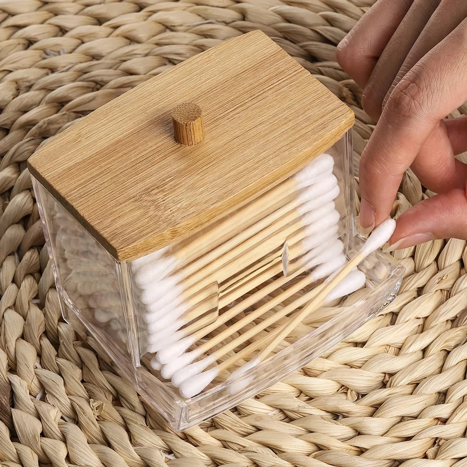 Cotton Swab Box - Transparent Bamboo Cover Dustproof Cotton Swab Toothpick Storage Box Multi-Purpose Visible Dispenser Peaceful Pleasures Health and Wellness