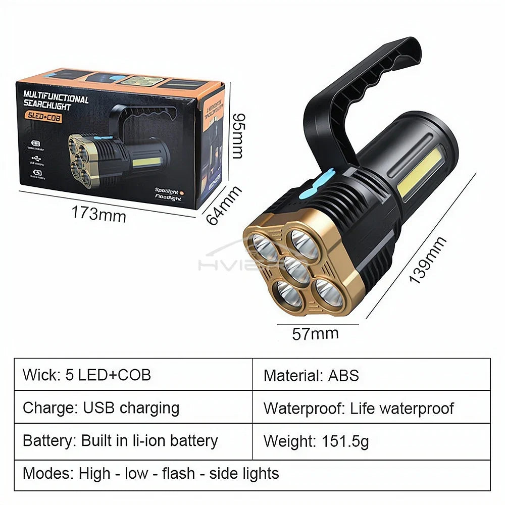 HVIERO 5-LED USB Rechargeable Waterproof Camping Flashlight
