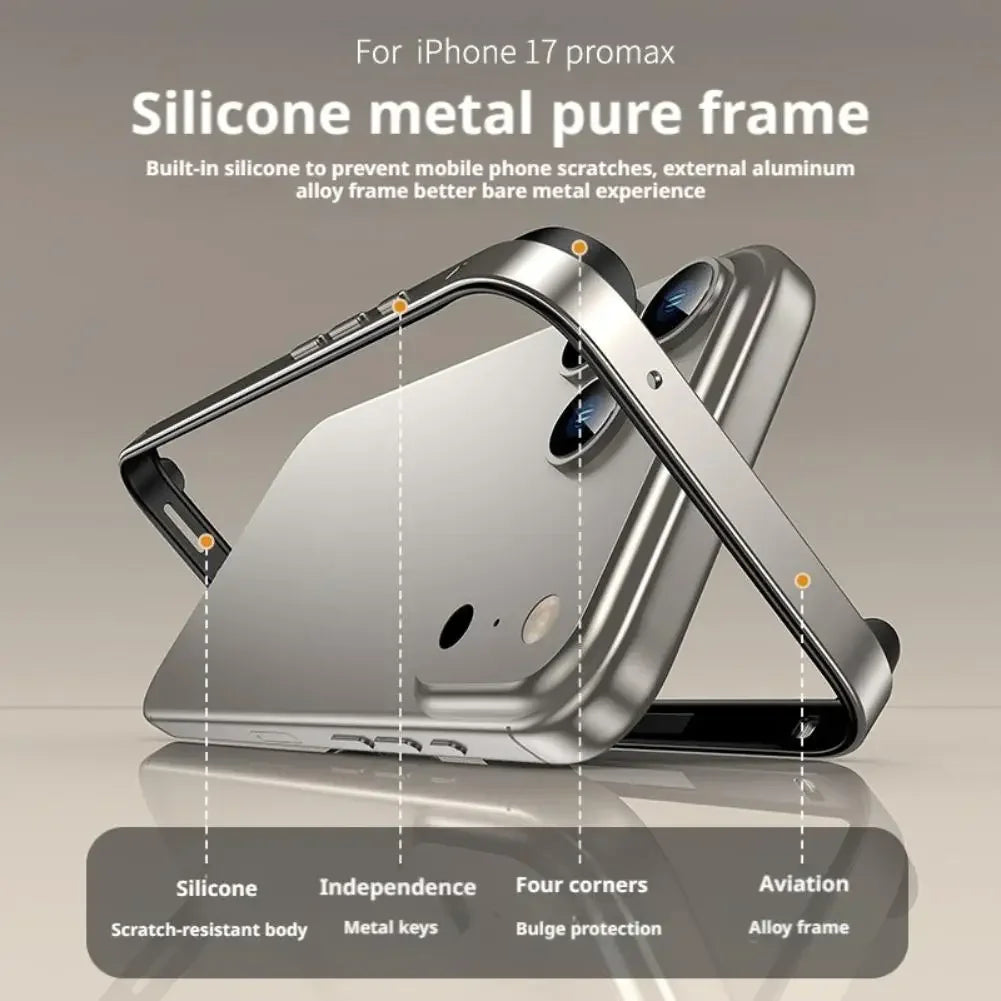 Luxury Alloy Metal Bumper Phone Case For iPhone 17 Air 17 Pro Max 17 Pro Silicone Lining Corner Pads Anti Collision Frame Peaceful Pleasures Health and Wellness
