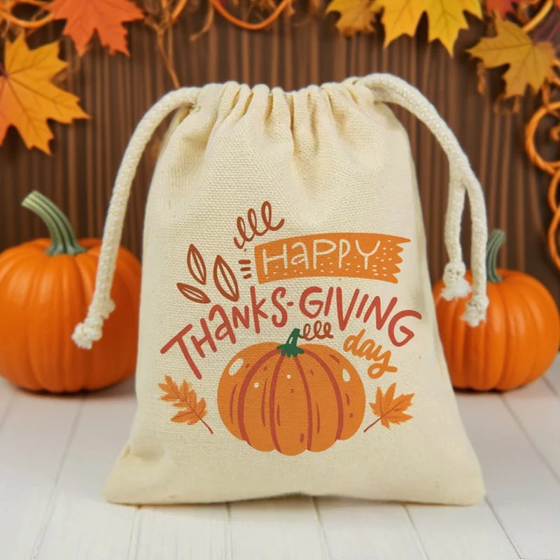 Thanksgiving Pumpkin Drawstring Treat Bags for Kids – 5pcs