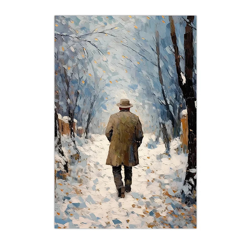 Winter PlantWall Art, Watercolor Walking Man Canvas Painting, Nordic Snowy Landscape Poster Print for Bedroom Living Room Décor Peaceful Pleasures Health and Wellness 02 40x60cm No Frame China Mainland
