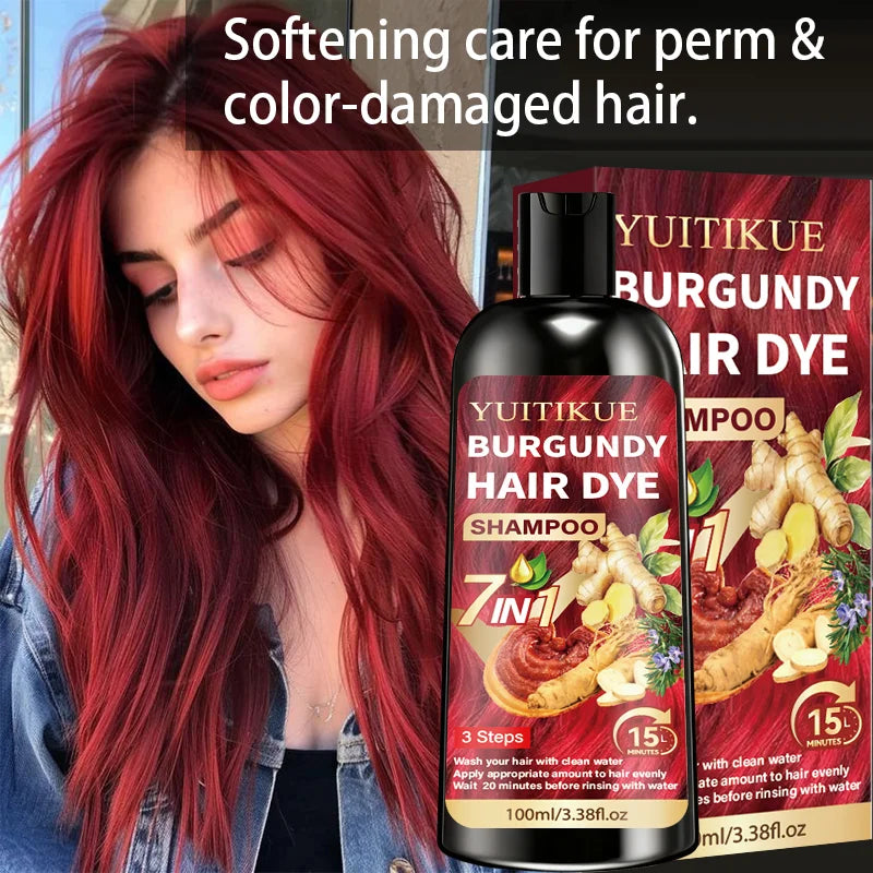 YUITIKUE 7 IN 1 Burgundy Hair Dye Shampoo Natural Ginger Herbal Long Lasting Moisturizing At‑Home Hair Color Shampoo 100ml Peaceful Pleasures Health and Wellness