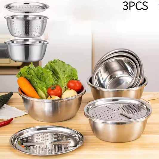 New 3pcs Stainless Steel Multi-Functional Kitchen Grater Set Draining Bowl with Vegetable Washing Mandoline Slicer for Potato Peaceful Pleasures Health and Wellness
