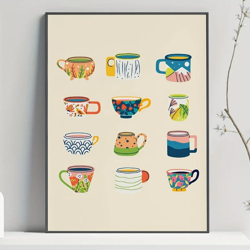 Vintage Floral Cups Canvas Poster | Unframed Wall Art Print Canvas Wall Art Peaceful Pleasures Health and Wellness