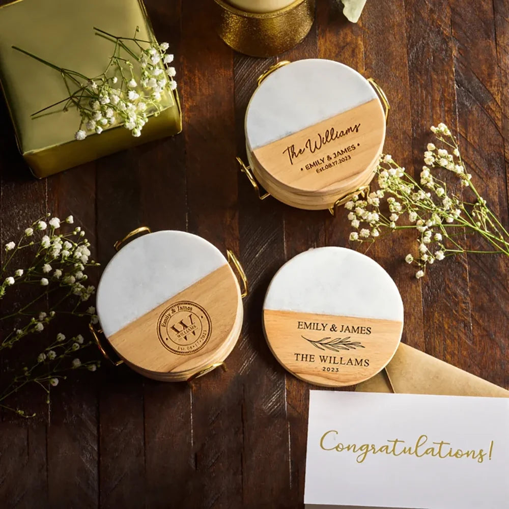 Personalized Marble & Wood Wedding Coasters | Gift for Her