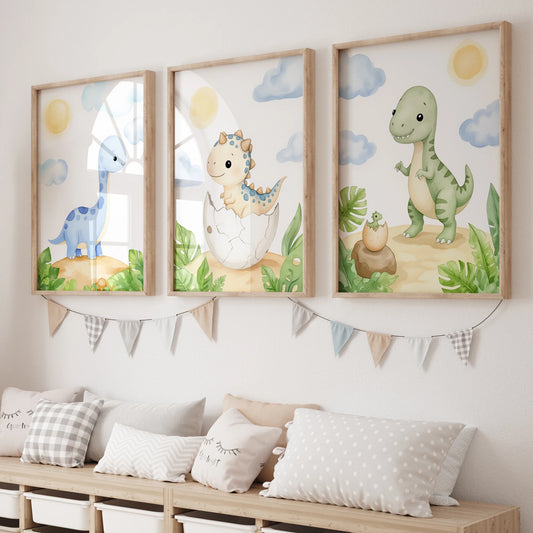 3-Piece Cartoon Dinosaur Canvas Wall Art | Kids Room Decor Canvas Wall Art Set Peaceful Pleasures Health and Wellness GP114-3pcs 60x80cm Unframed