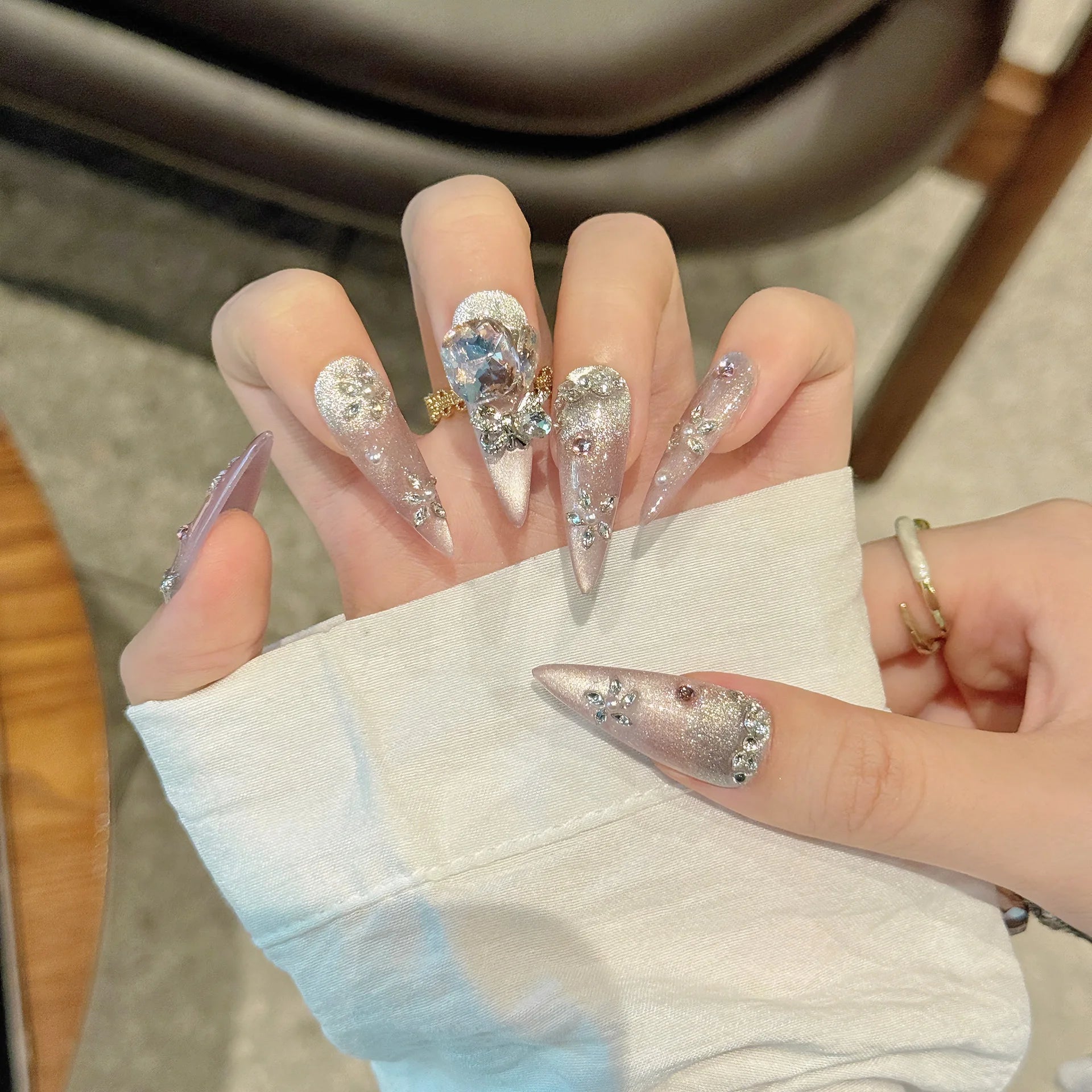 Handmade Press on Nails Shiny Pink Cat Eye Fake Nails for Women Girl Wearable Glitter Full Crystal Design False Nail Tips Peaceful Pleasures Health and Wellness