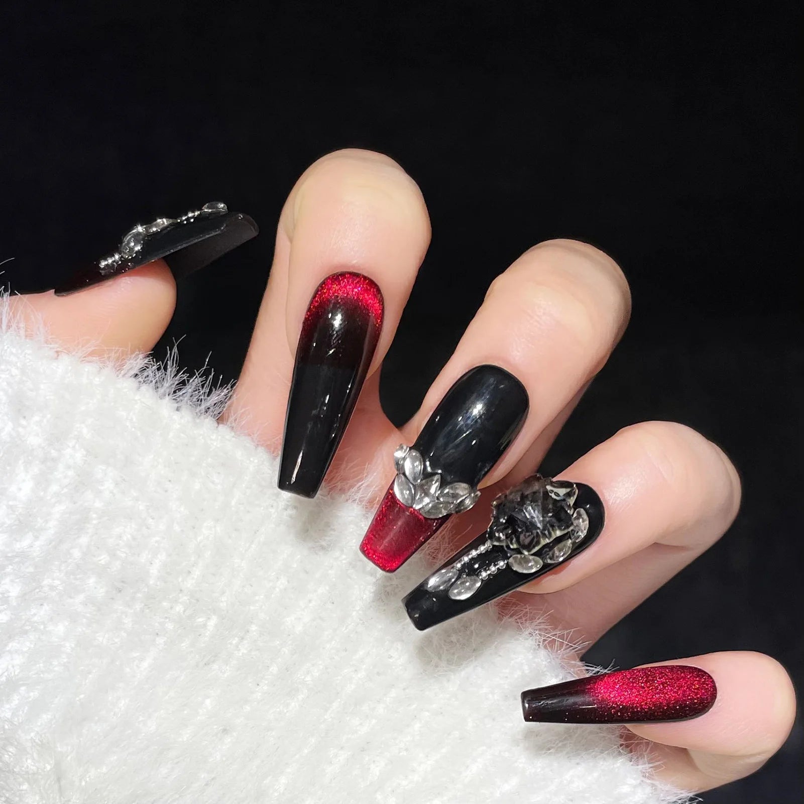 Handmade Press on Nails Dark Gothic Y2K False Nails Wearable Silver Stripe Decor Long Almond Spice Girls Wine Red Fake Nail Tips Peaceful Pleasures Health and Wellness