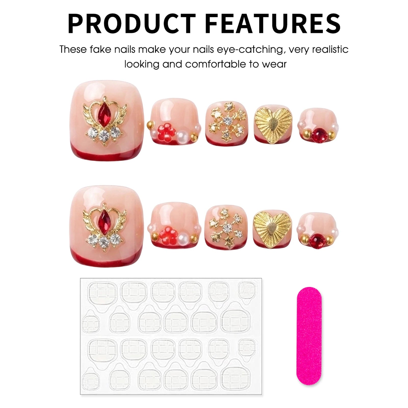 Luxury Handmade Press On Toe Nails Wine Red French Fake Nails Diamond Glitter Gold Decor Wearable Fashion Nude Pink False Nails Peaceful Pleasures Health and Wellness