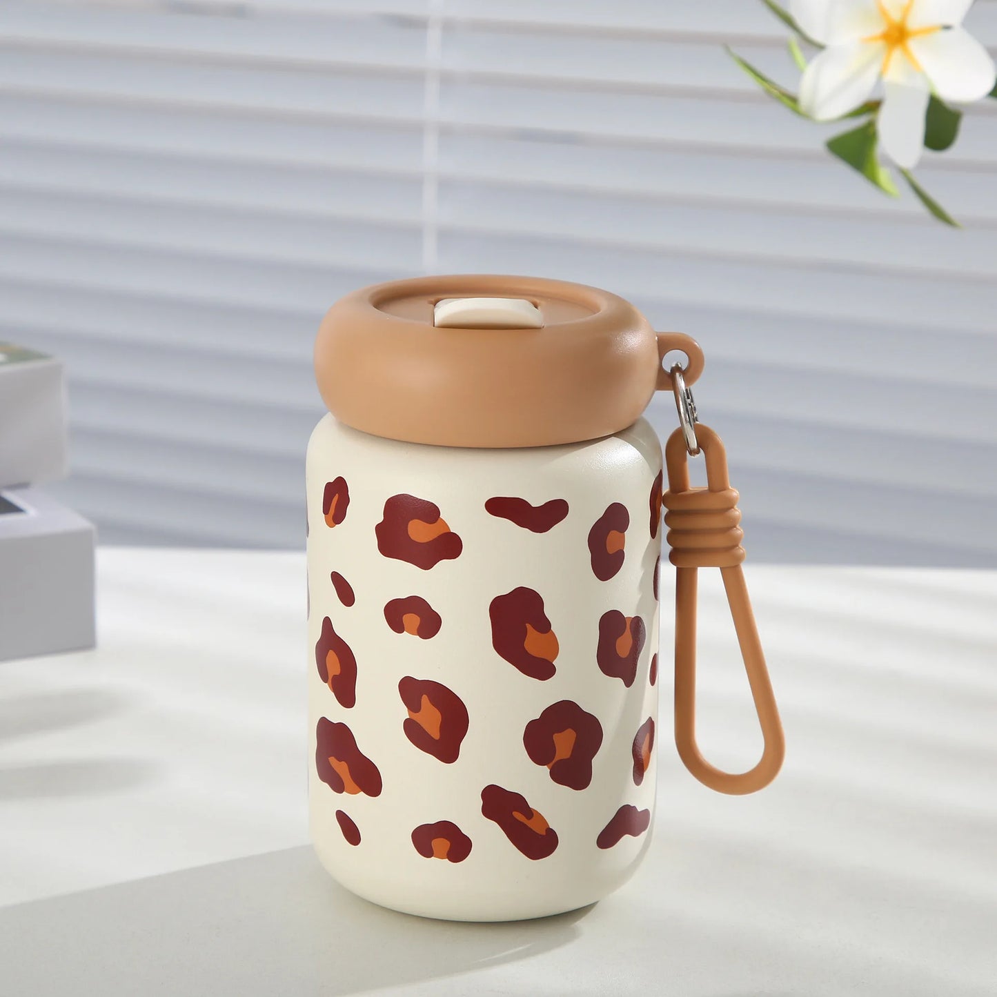 350ml Dopamine Leopard Print Insulated Cup 304 Stainless Steel Mini Straw Portable Car Coffee Cup with Drawstring Water Cup Peaceful Pleasures Health and Wellness 350ml Brown
