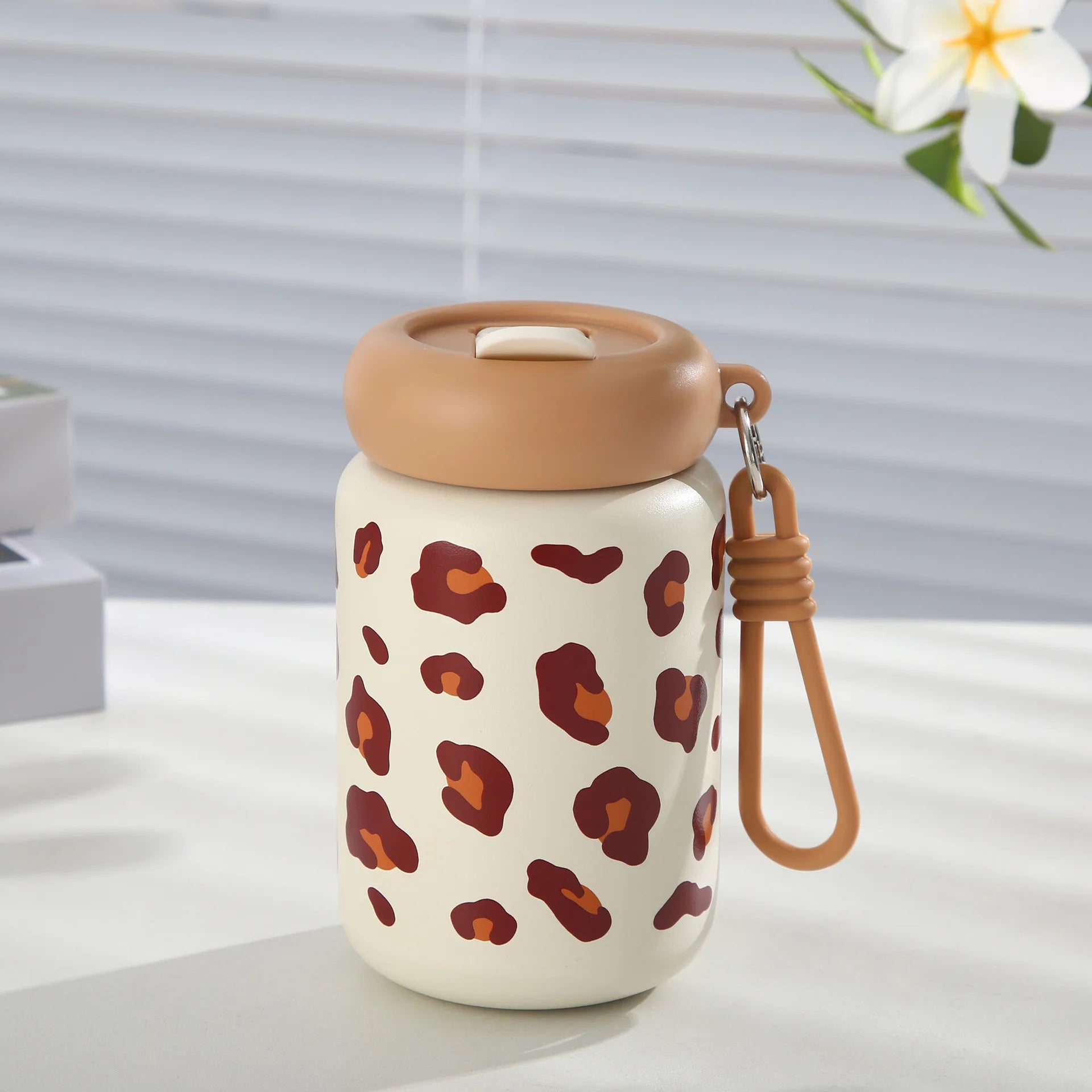 350ml Dopamine Leopard Print Insulated Cup 304 Stainless Steel Mini Straw Portable Car Coffee Cup with Drawstring Water Cup Peaceful Pleasures Health and Wellness 350ml Brown