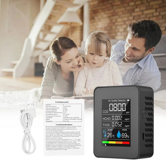 HOMEFISH 5in1 Temperature Humidity Tester CO2 Meter Digital Carbon Dioxide TVOC HCHO Detector Air Quality Monitor Peaceful Pleasures Health and Wellness