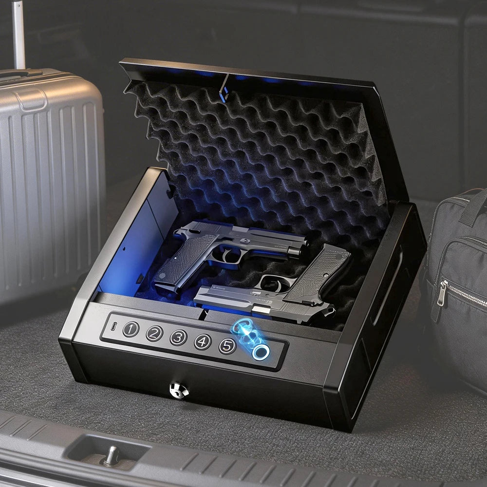 High Security Anti Theft Fingerprint Password Safe Box Shockproof Vehicle Mounted Handgun Gun Safe for Valuables Quick Access Peaceful Pleasures Health and Wellness