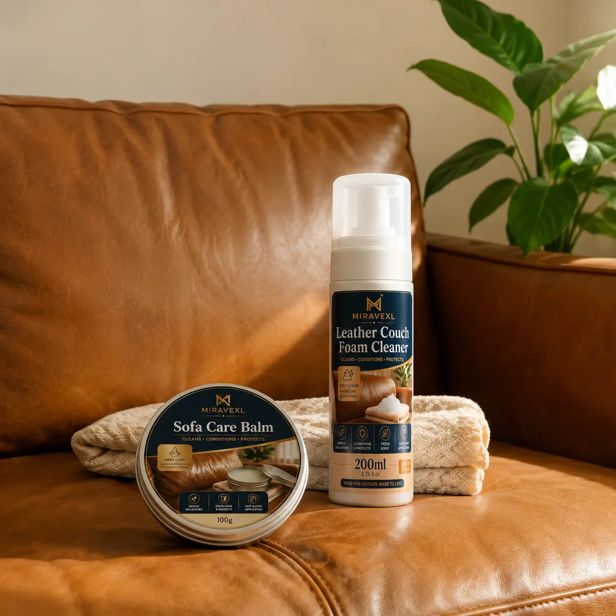 MIRAVEXL Leather Cleaner & Conditioner Kit – Foam + Care Balm