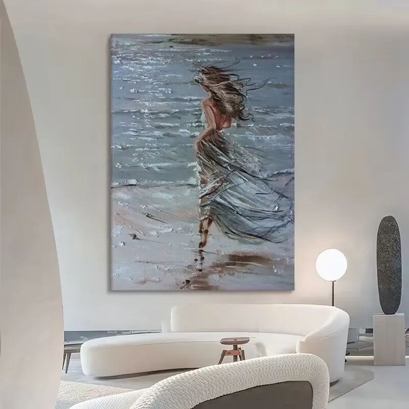 Modern Abstract Seaside Girl Art Oil Painting,3D Texture Hanging Painting,Wall Decor,100% Handmade,Hang Picture for Living Room Peaceful Pleasures Health and Wellness