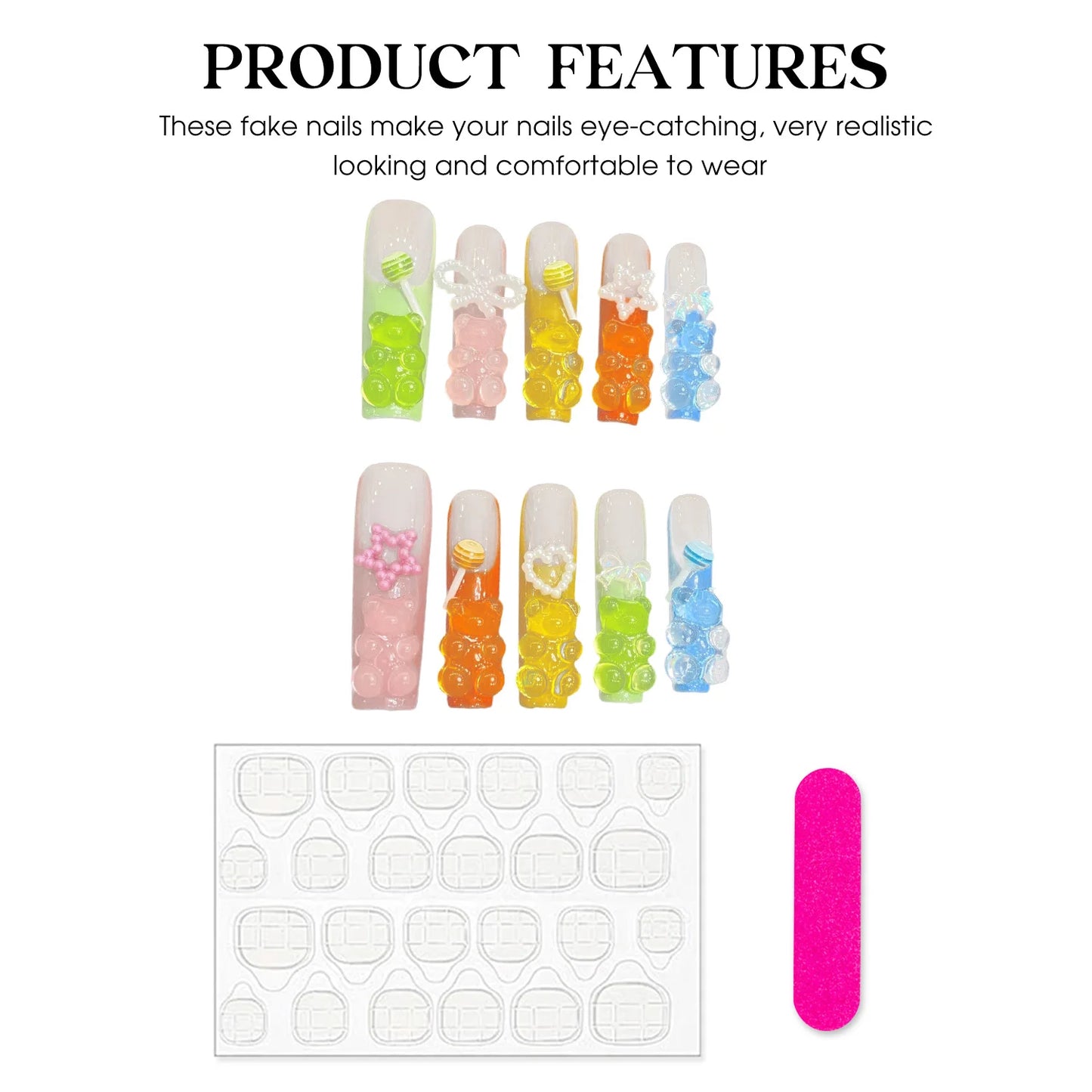 Handmade Press on Nails Cute Candy Bear Bow Love Decor False Nails for Women Wearable Full Cover European Extra Long Fake Nails Peaceful Pleasures Health and Wellness