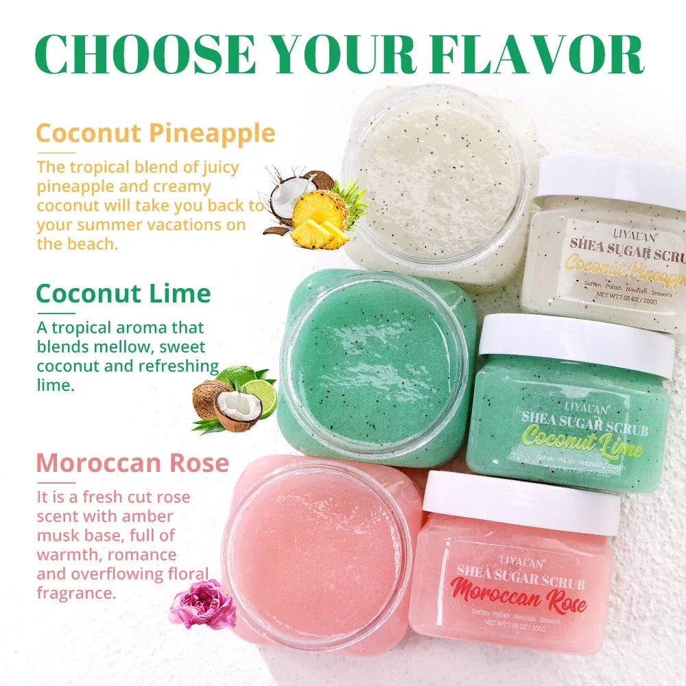 Shea Sugar Body Scrub – Moroccan Rose, Coconut Lime & Pineapple Peaceful Pleasures Health and Wellness