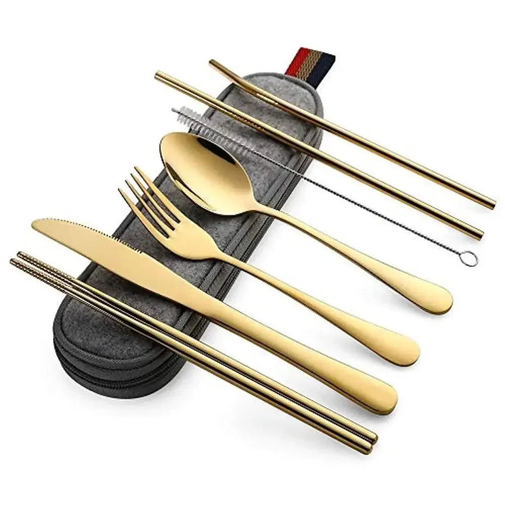 8-Piece Reusable Stainless Steel Travel Cutlery Set – Portable Utensils with Spoon, Fork, Chopsticks, Straw & Case