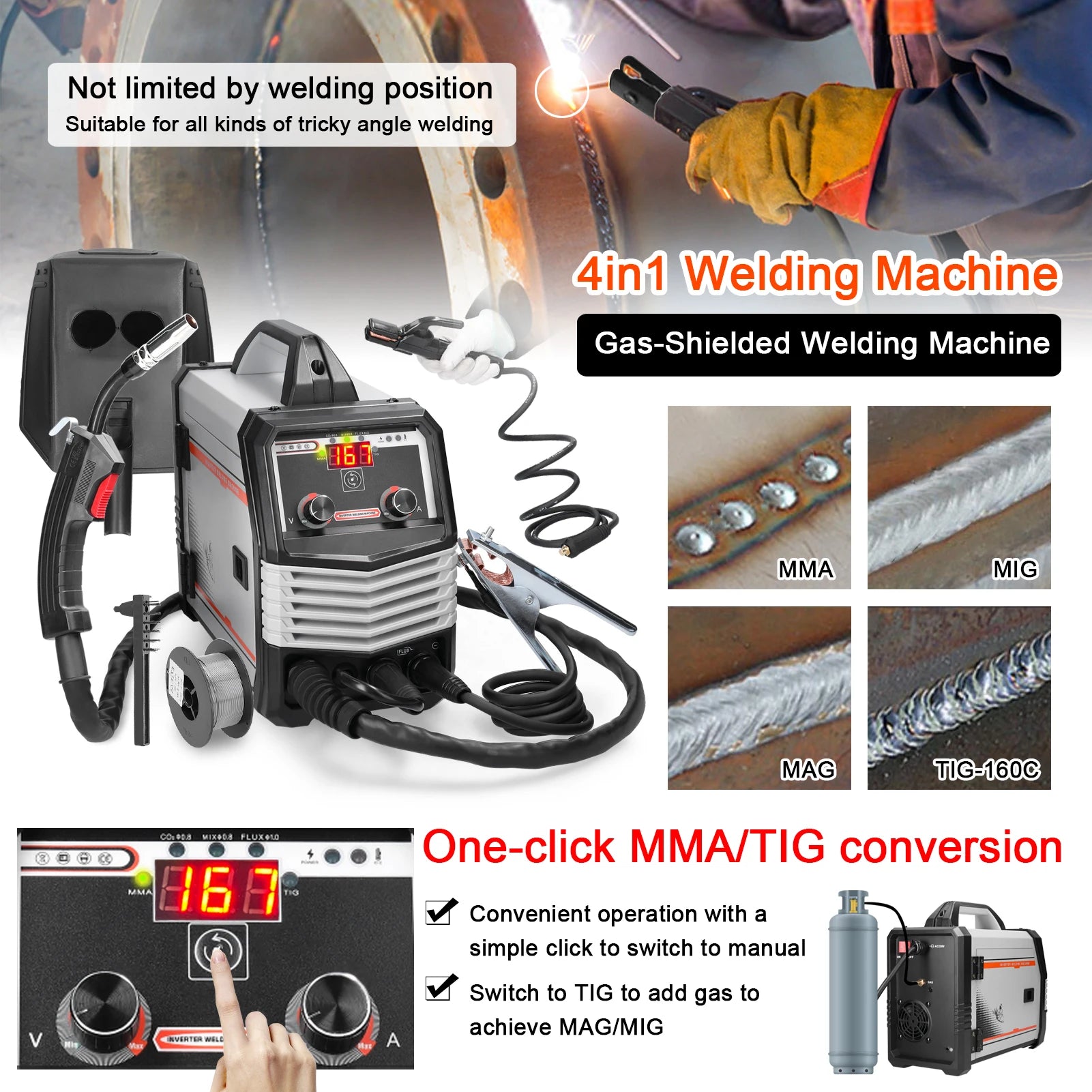 MIG MMA MAG TIG-160C Inverter Welders Electric Welding Machine Equipment Intelligent Welders 4in1/2in1/Welding Wire(optional) Peaceful Pleasures Health and Wellness