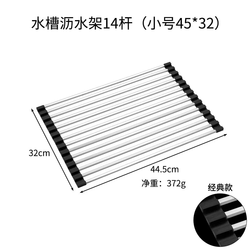 Folded Dish Drain Rack for Kitchen SUS304 Steel,Sink drying Rack,Bowl shelf Roll-up Dish Drying Rack Overthe Sink Plate Storage Peaceful Pleasures Health and Wellness 14 rods small