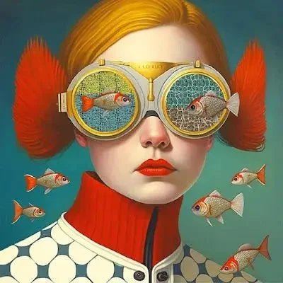 Surrealism Woman Portrait Canvas Painting Wall Art Wonderful Fantasy Fish and Girl Poster Prints for Living Room Home Decor Peaceful Pleasures Health and Wellness ZLH3549 20x20cm Unframed