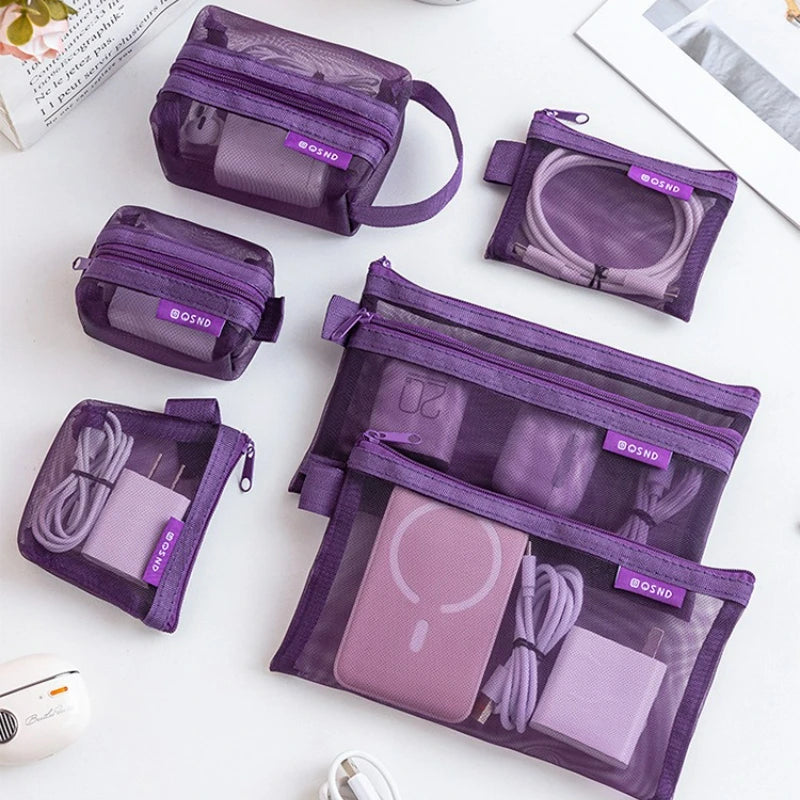 6-Piece Zipper Mesh Makeup Bags | Clear Travel Organizer Set