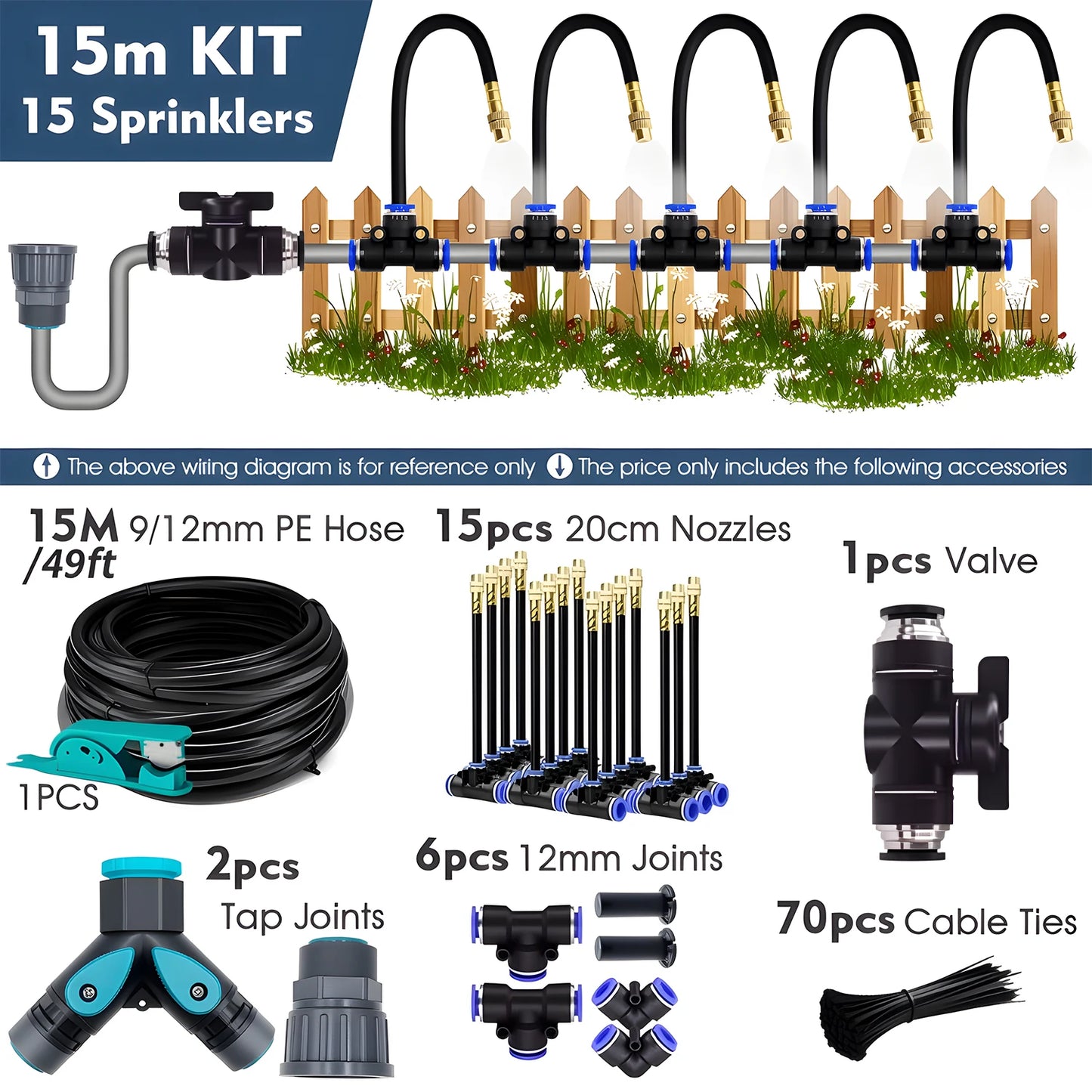 20-5m 3/8" 9/12mm Misting Cooling System Garden Irrigation 80mesh Filter 360° Free-bend Brass Nozzle Adjustable Atomizer Sprayer Peaceful Pleasures Health and Wellness 15m Kit