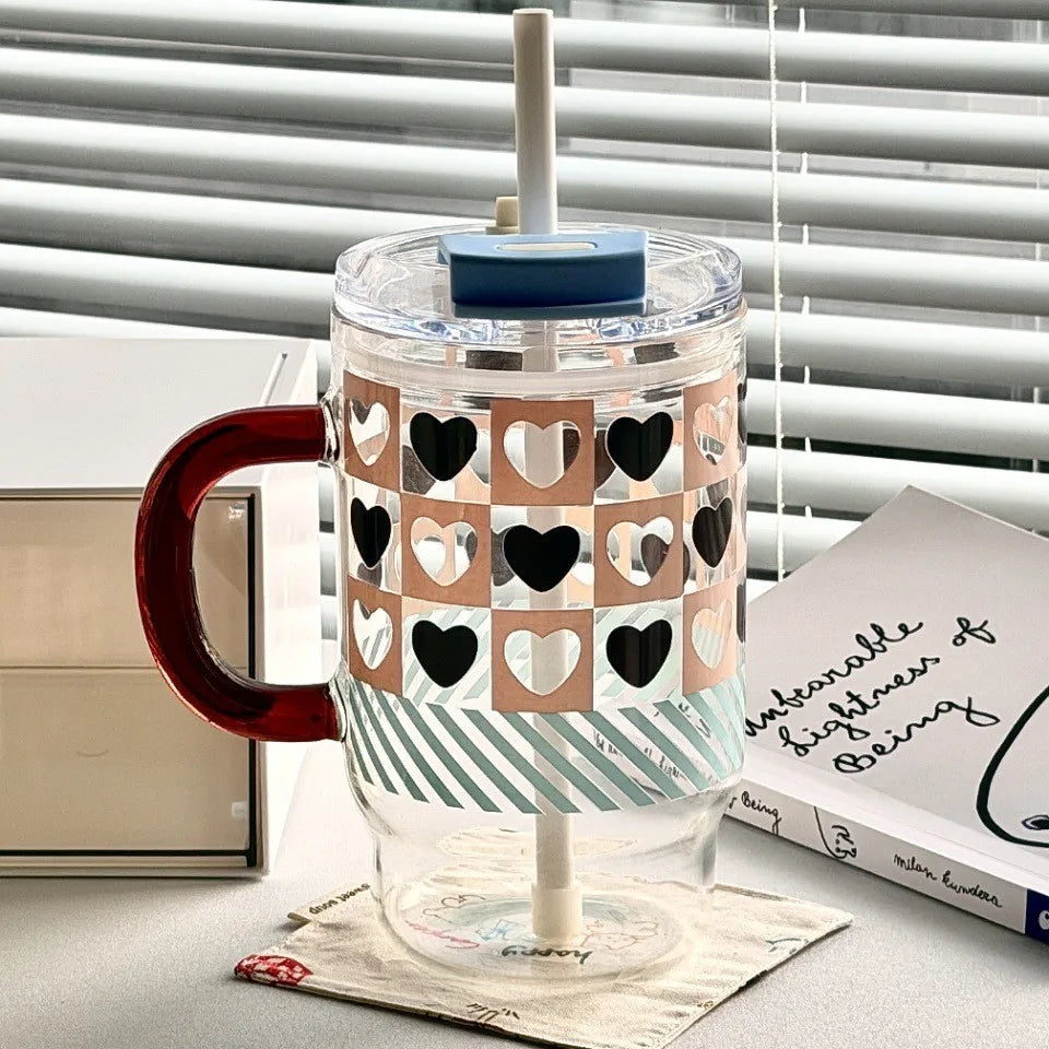 New 760ml Cartoon Printed Car Cup, High Borosilicate Glass Straw Cup with Handle, Double Drinking Car Office Casual Cup Peaceful Pleasures Health and Wellness Blue