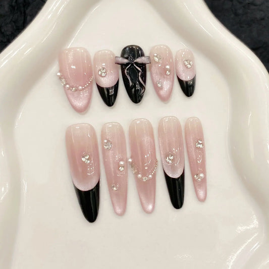 10pcs Handmade Press on Nails Sweet Pink Cat Eye False Nails Wearable Full Cover Black French Bow Design Almond False Nail Tips Peaceful Pleasures Health and Wellness