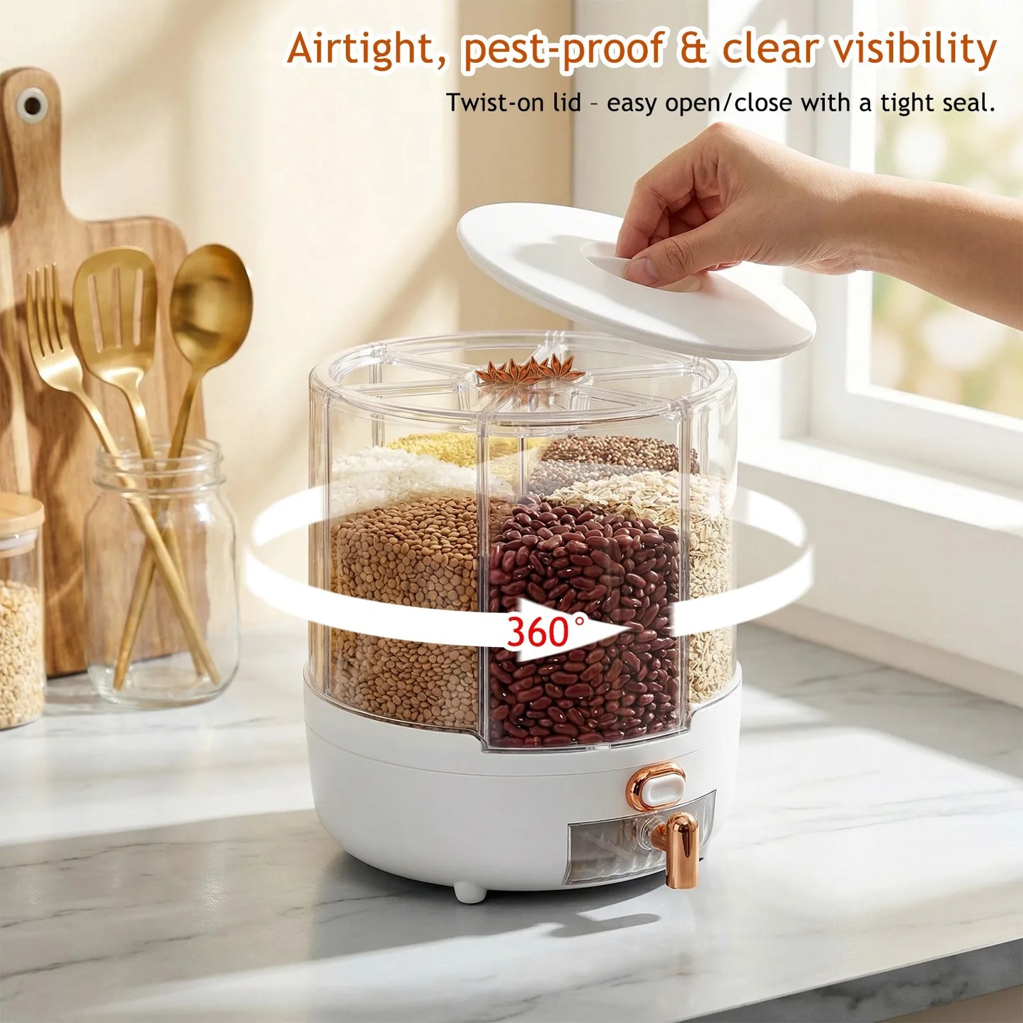 Rotating 6-Grid Rice Dispenser, Airtight Grain Storage Container Large Capacity Kitchen Food Canister for Cereal, Beans Peaceful Pleasures Health and Wellness